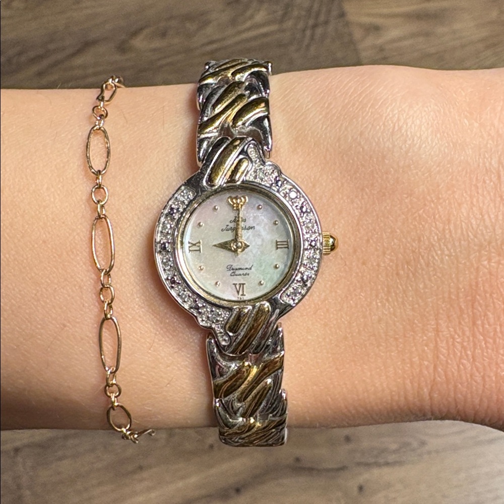 Jules Jurgensen Diamond Watch Women 19mm Silver Gold Tone New Battery 7" small